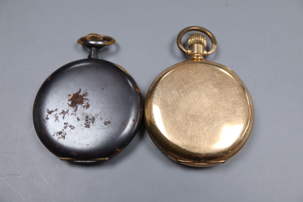 A Gold plated pocket watch and a gun metal pocket watch.